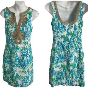 Lilly Pulitzer Lighthouse Print Shift Dress Gold Soutache Trim Blue Green size 0